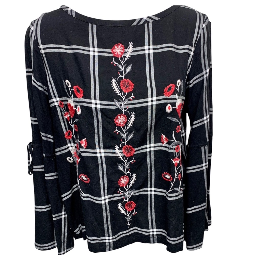 LOFT Top Embroidered Split Open Tied Bell Sleeves Floral Plaid Long Slee… - Picture 5 of 10